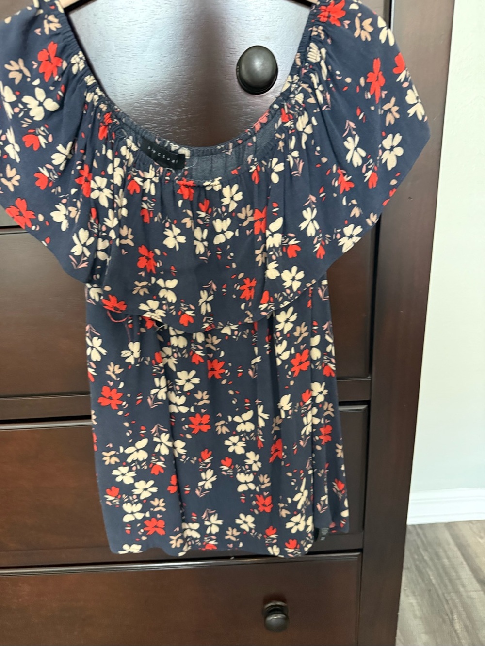 Sanctuary Navy Floral Off-Shoulder Top with Red & Cream Flowers